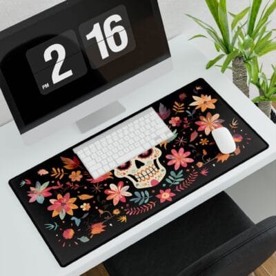 Sugar Skull Desk Mat | Vibrant Floral Dia de los Muertos Desk Pad | Large Gaming Mouse Pad | Colourful Office Decor