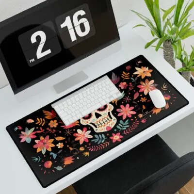 Sugar Skull Desk Mat | Vibrant Floral Dia de los Muertos Desk Pad | Large Gaming Mouse Pad | Colourful Office Decor