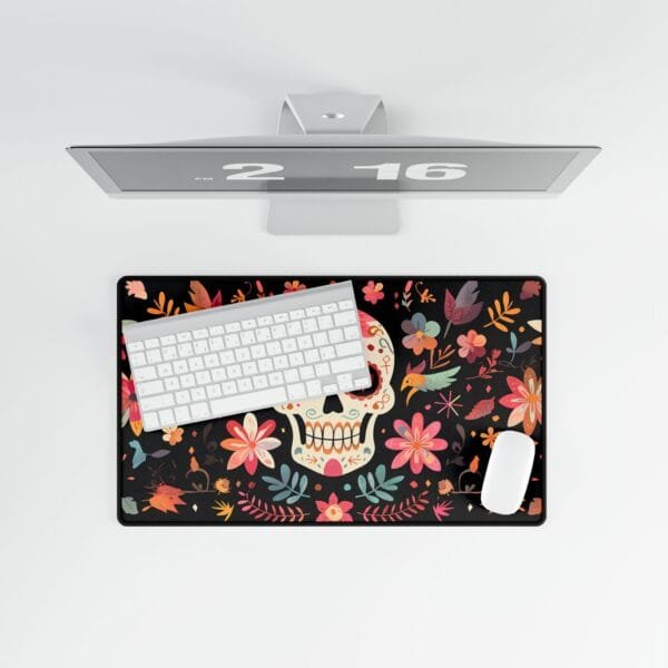 Sugar Skull Desk Mat | Vibrant Floral Dia de los Muertos Desk Pad | Large Gaming Mouse Pad | Colourful Office Decor - Image 2