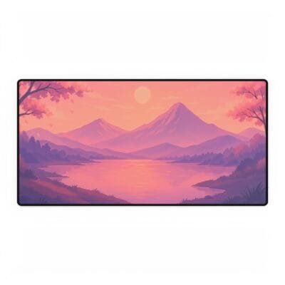Pastel Sunset Desk Mat | Anime Mountain Landscape Mouse Pad | Aesthetic Desk Decor | Large Gaming Deskmat | Soft Pink Sakura Scene