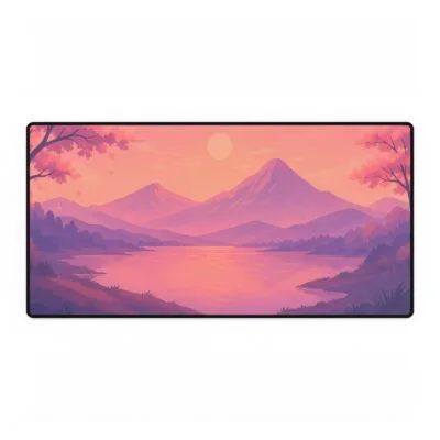 Pastel Sunset Desk Mat | Anime Mountain Landscape Mouse Pad | Aesthetic Desk Decor | Large Gaming Deskmat | Soft Pink Sakura Scene